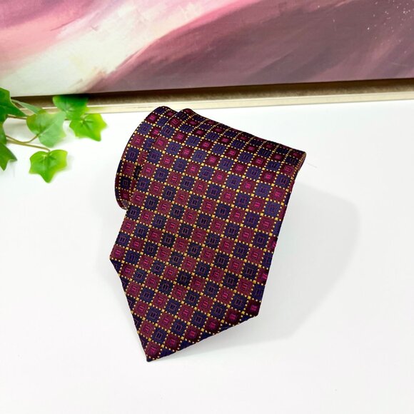 Etro Burgundy and Gold Geometric Patterned Silk Tie - Picture 3 of 10